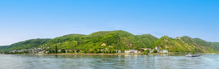 panoramic view to scenic river rhine valley with vineyards from Spay to Boppard at the other rhine valley side