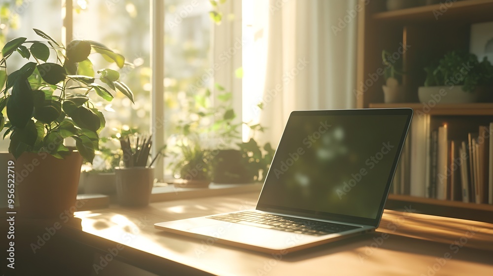 Poster laptop on a desk in a home office with beautiful window light : generative ai