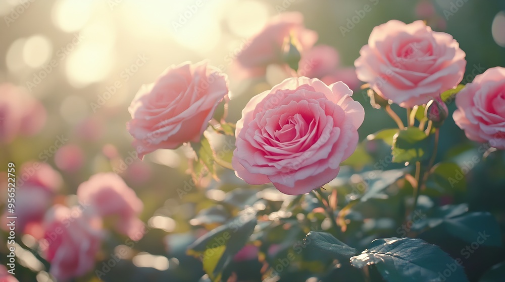 Poster it is close up view of rose bush there are the roses in shadow park it is garden in sunny midday it 