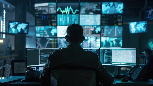 Cybersecurity expert in dark room with multiple screens, network monitoring
