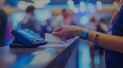 Process of checking in on a conference congress forum event registration desk table visitors and attendees receiving a name badge and entrance wristband bracelet and register electroni : Generative AI