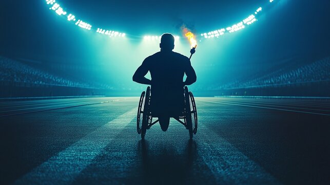 Paralympic athlete in sports wheelchair carrying torch, facing forward on track, stadium lights, para sports concept