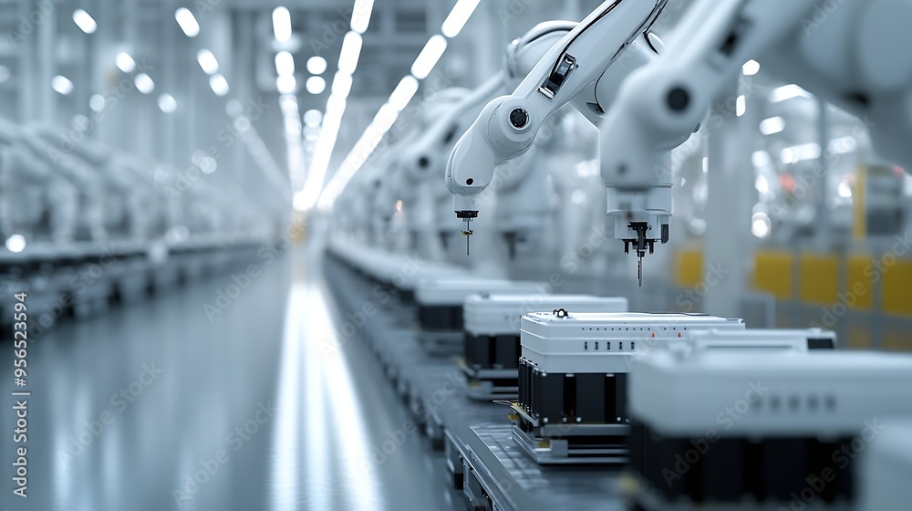 Aufkleber row of white robotic arms at modern factory lithiumion ev battery pack production at automated assem