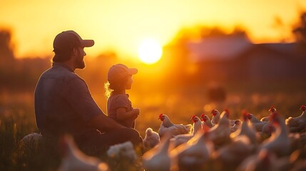 Mother father or child bonding on chicken farm poultry agriculture field or Brazilian sustainability environment Smile happy and farmer family with birds for meat food or eggs industry : Generative AI