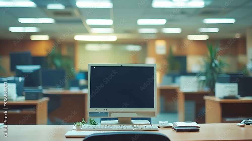 Aufkleber empty office computer and business interior on desk company furniture and workspace vacant workplace