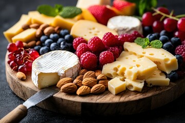 A wooden cheese board featuring a variety of cheeses, fresh fruits, and nuts. It includes brie, swiss, raspberries, blueberries, strawberries, grapes, and almonds.