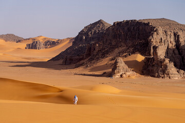 Sahara desert, sand, dunes and rocks in Algeria. Surrounding of Djanet. Place of Sahara named Moul Ennaga