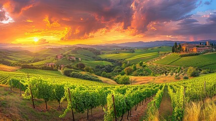 Fototapeta premium Tuscan Landscape with Vineyards and a Sunset Sky