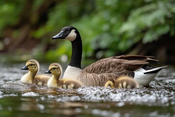 Fototapeta premium A family of geese with goslings swims in a pond on a rainy day.