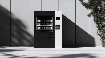 The mockup shows a black and white coffee vending machine from the side