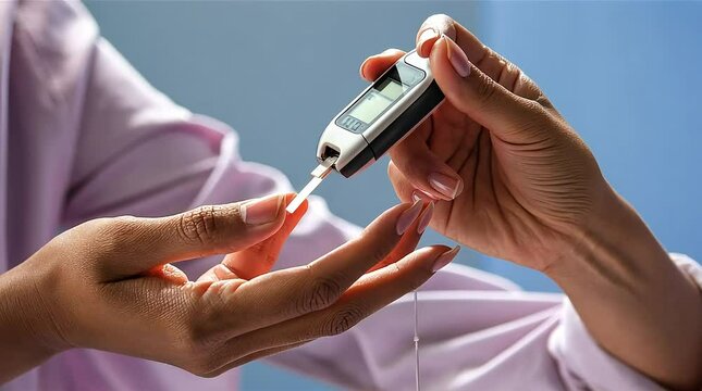 Hand holding a portable blood sugar meter. A person checks their blood glucose level using a portable device