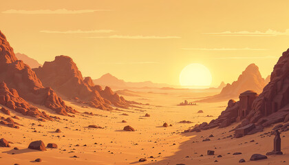 Naklejka premium Game Background A barren desert landscape with rolling sand dunes, ancient ruins, and a scorching sun