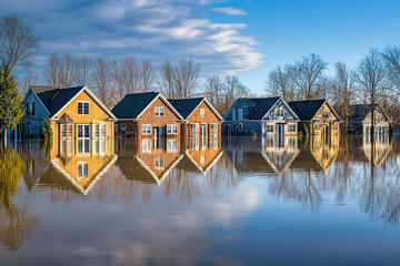 Submerged Dreams: A Row of Homes Submerged in Rising Floodwaters, Reflecting a Sky of Hope and Uncertainty.