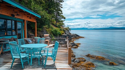 Sunrise Cove Lummi Island Washington beautiful beach house home exterior rocky landscape on a peaceful ocean bay in the Pacific Northwest large deck patio tables and chairs in colors o : Generative AI