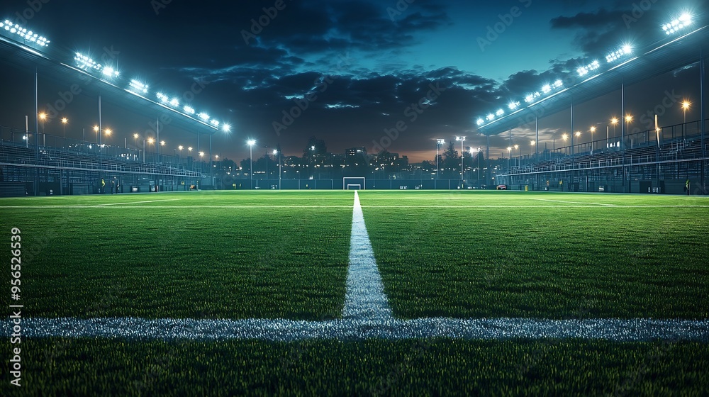 Poster Picture of a football field at night The stadium was created in 3D without using existing references Pitch night before the game Road with lines of lights green  car display stand : Generative AI