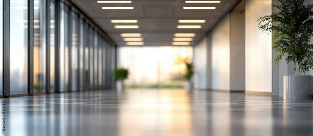 Poster 3d rendering of a blurred empty open space office with abstract light bokeh in the interior backgrou