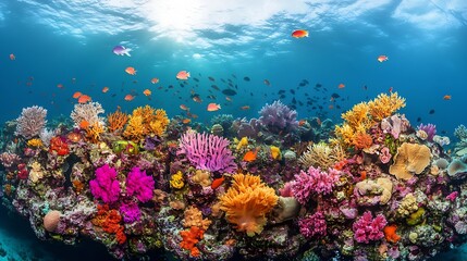 Naklejka premium A healthy biodiverse coral reef thrives in the waters near Alor Indonesia This remote region part of the Lesser Sunda Islands is known for both marine biological diversity and active v : Generative AI