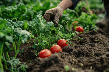 Freshly Ripe: A Farmer's Hand Gently Reaches for Vibrant Tomatoes