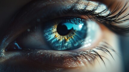 Fototapeta premium Female eyes with long eyelashes close up. Closeup of blue human eye. Macro of human eye. Human eyes close-up detail. Macro pupil retina human colse eye, eyeball.