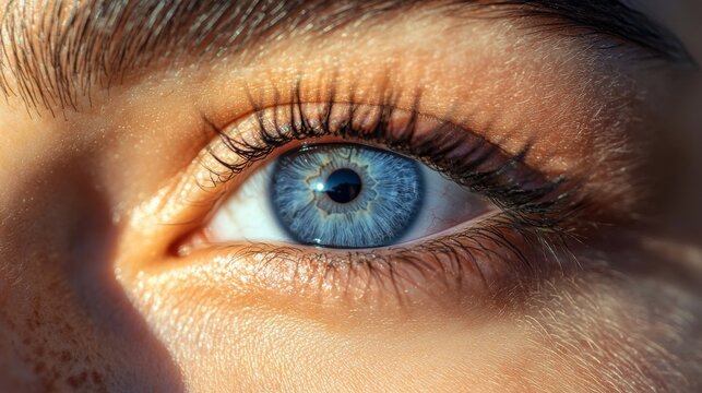 Female eyes with long eyelashes close up. Closeup of blue human eye. Macro of human eye. Human eyes close-up detail. Macro pupil retina human colse eye, eyeball.