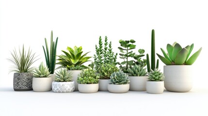 Fototapeta premium 3D rendering of fresh succulent potted plants isolated on a white background featuring charming decorative elements for interior spaces