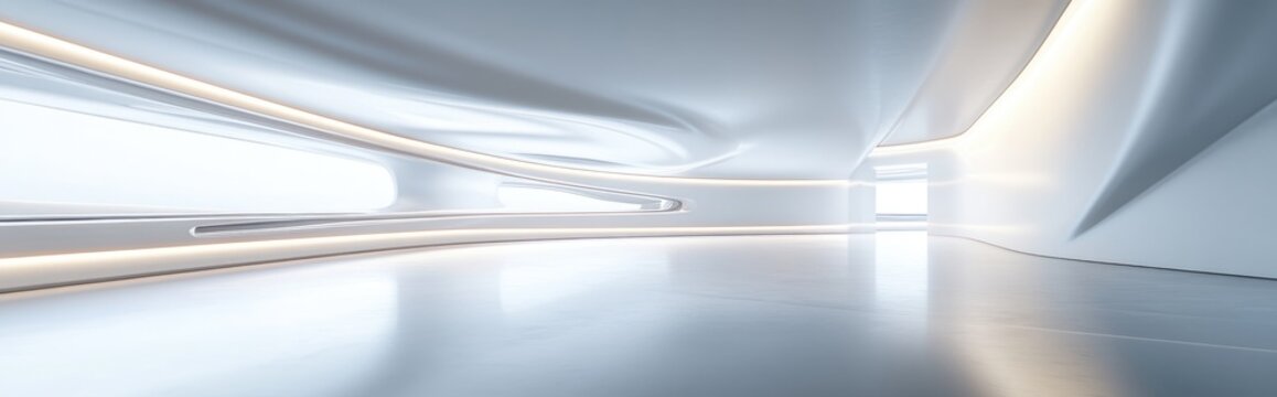 Abstract smooth white interior of the future with a night view enhanced by backlighting Architectural backdrop featuring 3D rendering