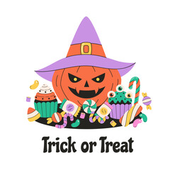 Pumpkin with creepy sweets and candies. Happy Halloween, Trick or treat. Vector illustration in flat style