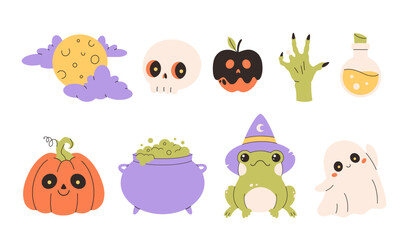 Halloween stickers set of ghosts, pumpkin, potions, frog, full moon, zombie hand, cauldron. Vector illustration in flat style