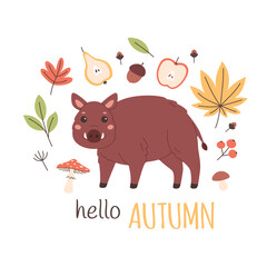 Cute wild boar with autumn leaves, mushrooms, fruits. Hello autumn greeting card. Vector illustration in flat style