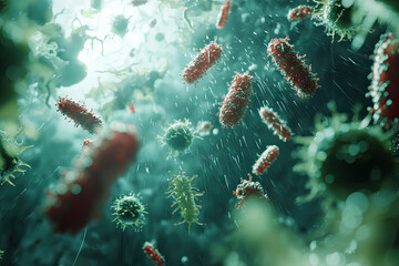 Naklejka premium A microscopic war: Antibiotics battling resilient bacteria. Witness the struggle for survival in this vibrant, detailed visualization.