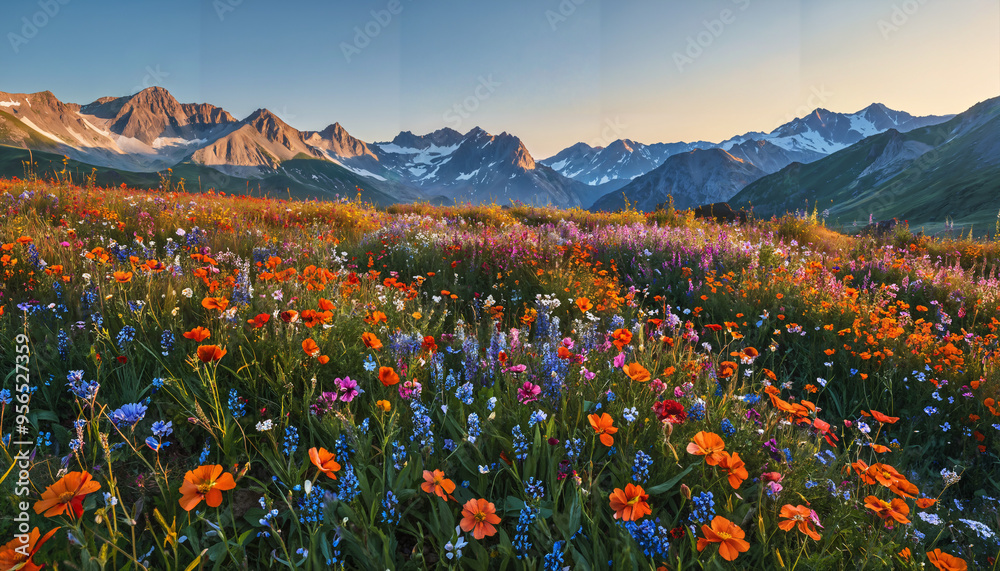 Poster champs fleuris au lever du soleil dans les montagnes