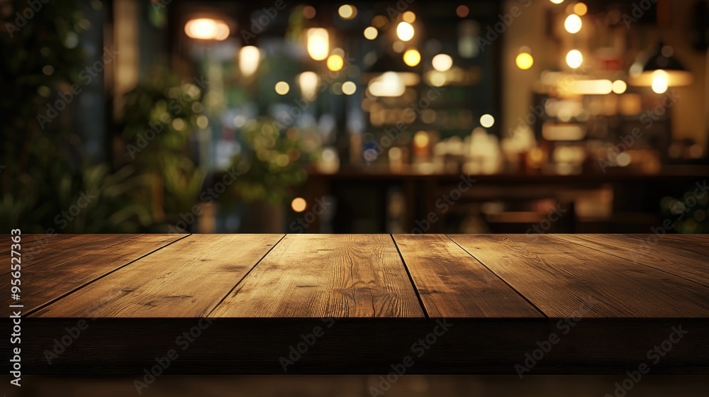 Poster 3d rendering of an empty brown wooden table with a blurred coffee shop background featuring bokeh ef
