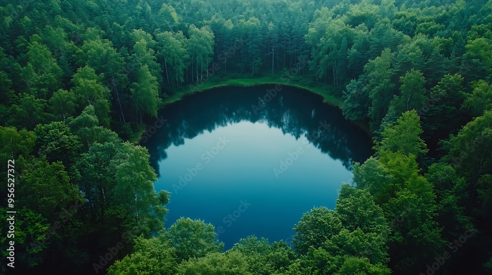 Poster aerial view of a lake in the forests of lithuania wild nature the name of the lake is mergeles akele