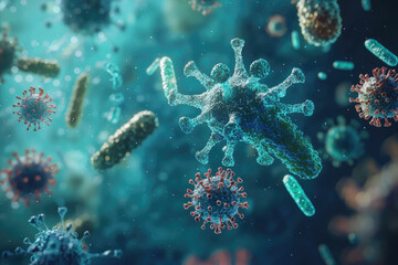 Fototapeta premium A Microscopic Dance: Viruses and Bacteria Intertwine in a Turquoise Realm