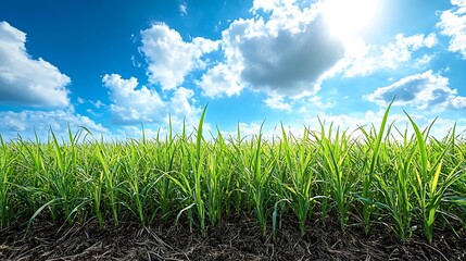 Obraz premium Agriculture Sugar cane plantation with blue sky background sugarcane is a grass of poaceae family Sugar cane plant tree in countryside for food industry or renewable bioenergy power pa : Generative AI