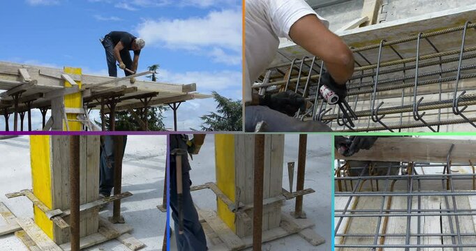 Video collage with carpenter performing formwork work for reinforced concrete structure with improved adhesion steel bars