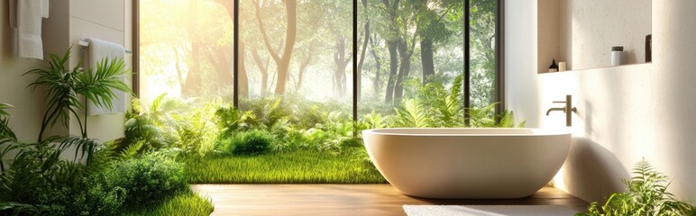 3D rendering of a white bathroom with brown flooring and a green grass landscape featuring trees and bushes