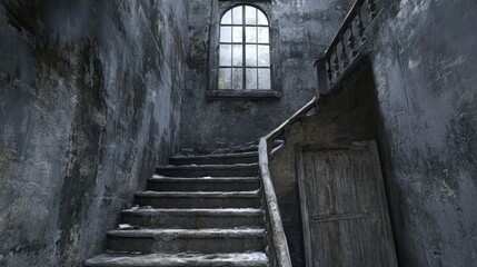 3D rendering of eerie aged stairs featuring an old window and unusual doors
