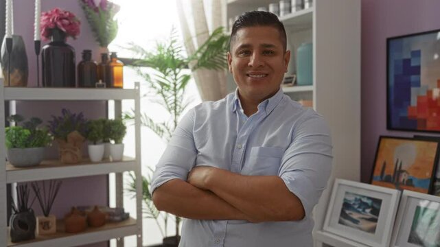 Young hispanic man standing confidently in a well-decorated shop with various plants, vases, and artwork in the background.