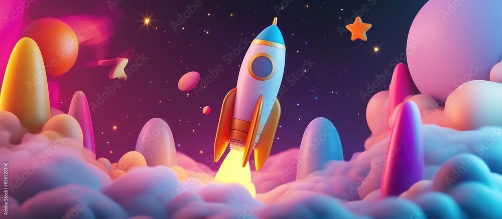 Poster space exploration theme featuring a rocket and star illustrations in 3d cartoon rendering