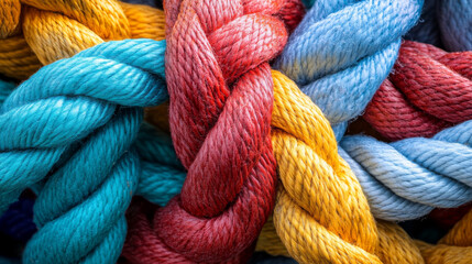 Unity and teamwork as diverse ropes connected together, symbolizing collaboration. 