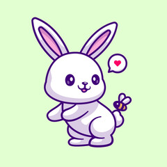 Obraz premium Cute Rabbit Playing With Bee Cartoon Vector Icon Illustration. Animal Nature Icon Concept Isolated Premium Vector. Flat Cartoon Style