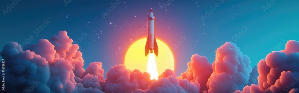 Poster 3d cartoon rendering featuring a space rocket taking off against a backdrop of a blue sky and sun