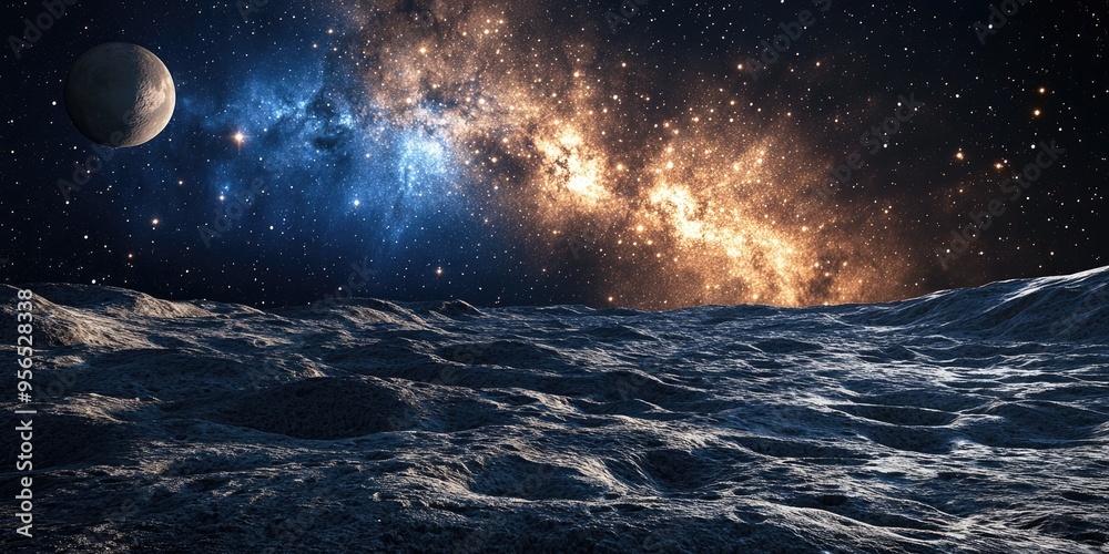 Poster Realistic 3D rendering of the surface of the Moon featuring space planets a satellite nebula and stars