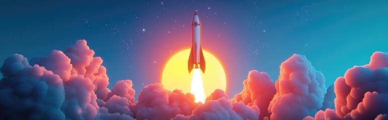 Fototapeta premium 3D cartoon rendering featuring a space rocket taking off against a backdrop of a blue sky and sun