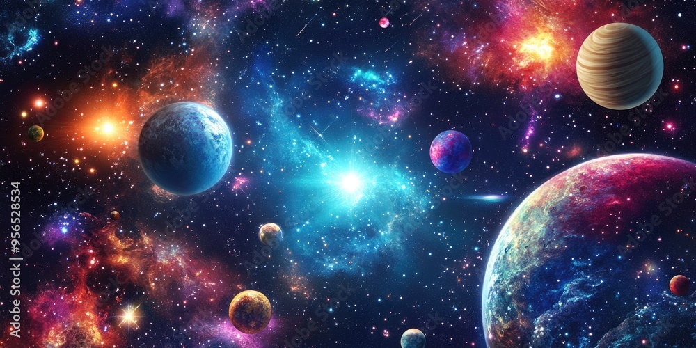 Aufkleber 2D illustration in a vibrant 3D cartoon rendering featuring a deep interstellar space background with bright flashing stars planets moons and comets showcasing various creative science fiction bac