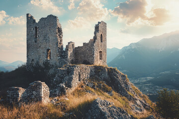 Obraz premium Timeworn Sentinel: A crumbling castle perched atop a rocky peak, silhouetted against a dramatic sky.