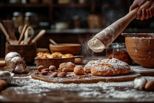A rustic kitchen setting showcasing freshly baked bread and scattered nuts, flour dust adding to the ambiance, with a hand sprinkling flour from a wooden tool.