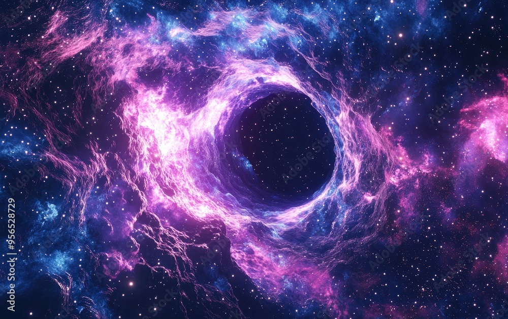 Poster 3d cartoon depiction of cosmic waves and a black hole in deep space featuring a nebula at the center