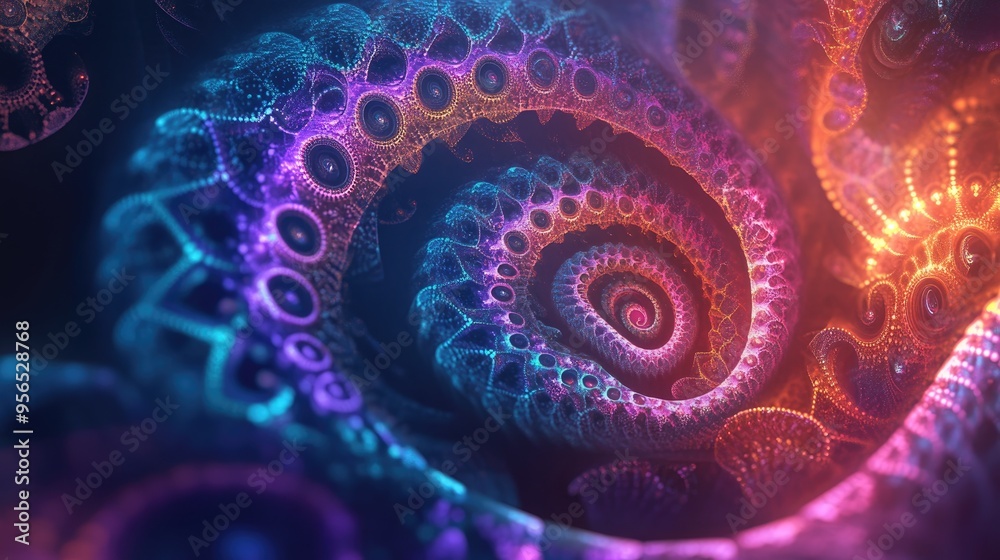 Poster Abstract fractal patterns and shapes in a 3D cartoon rendering Mysterious psychedelic relaxation pattern with dynamic flowing natural forms Sacred geometry featuring mystical spirals Vibrant color